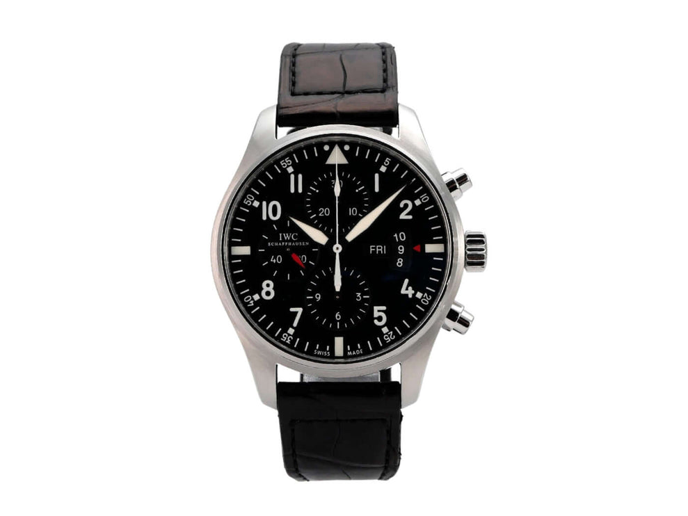 IWC Fliegeruhr Chrono-Automatic, Edelstahlgehäuse, schwarzes Zifferblatt, schwarzes Lederarmband, Chronograph
