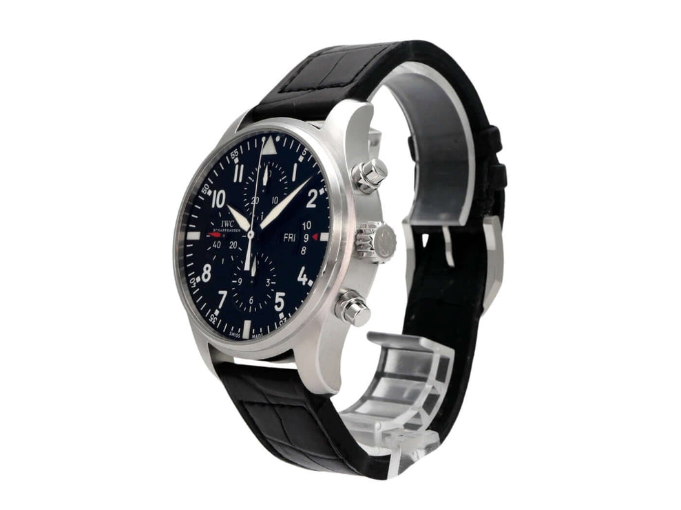 IWC Fliegeruhr Chrono-Automatic mit schwarzem Lederarmband und blauen Zifferblatt im sehr guten Zustand.