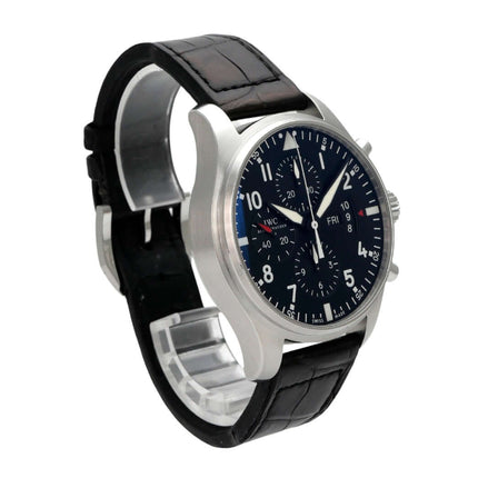 IWC Fliegeruhr Chrono-Automatic mit schwarzem Zifferblatt und Lederarmband, 43 mm Edelstahlgehäuse.
