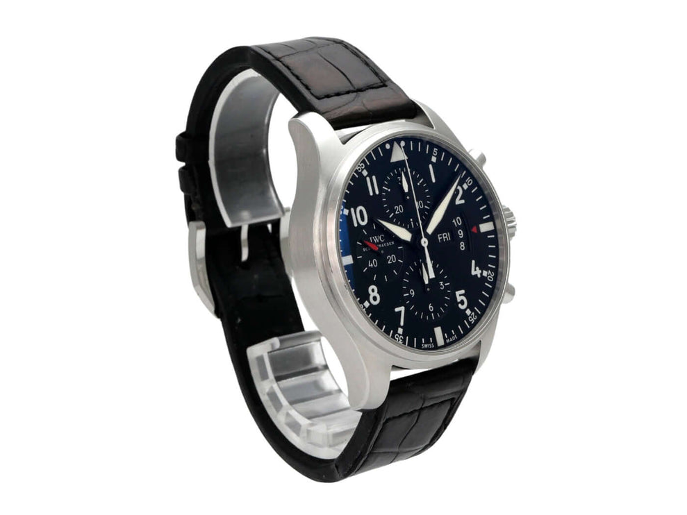 IWC Fliegeruhr Chrono-Automatic mit schwarzem Zifferblatt und Lederarmband, 43 mm Edelstahlgehäuse.