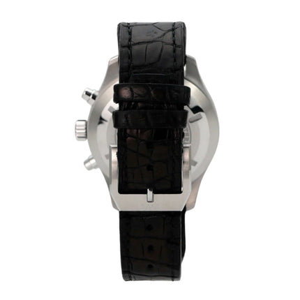 IWC Fliegeruhr Chrono-Automatic, Rückansicht mit schwarzem Lederarmband und polierter Edelstahlgehäuse.