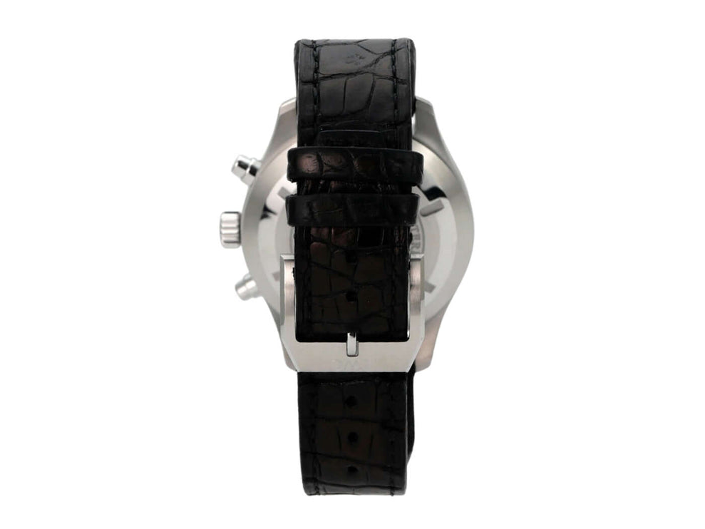 IWC Fliegeruhr Chrono-Automatic, Rückansicht mit schwarzem Lederarmband und polierter Edelstahlgehäuse.