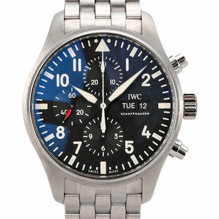 IWC Fliegeruhr Chronograph IW377710 mit Edelstahlband, schwarzes Zifferblatt, Automatikwerk, Tages- und Datumsanzeige.