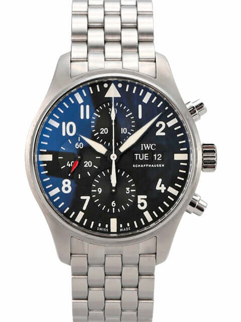IWC Fliegeruhr Chronograph IW377710 mit Edelstahlband, schwarzes Zifferblatt, Automatikwerk, Tages- und Datumsanzeige.
