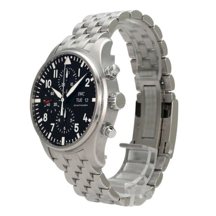 IWC Fliegeruhr Chronograph IW377710 mit Edelstahlband, schwarzes Zifferblatt und Automatikwerk, wasserdicht bis 6 bar.