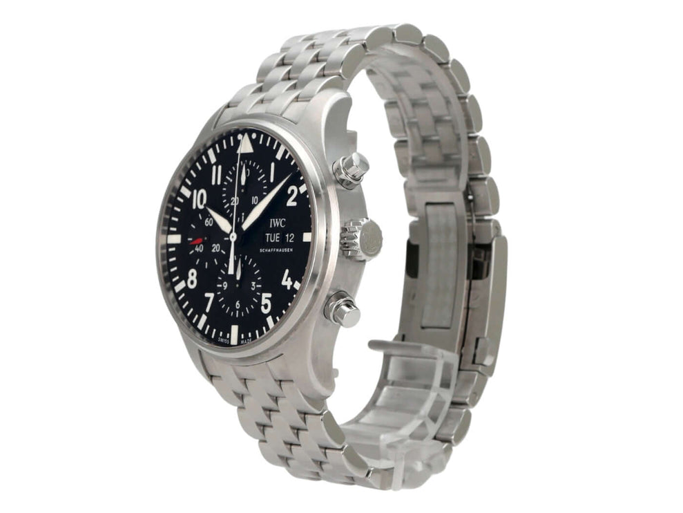 IWC Fliegeruhr Chronograph IW377710 mit Edelstahlband, schwarzes Zifferblatt und Automatikwerk, wasserdicht bis 6 bar.