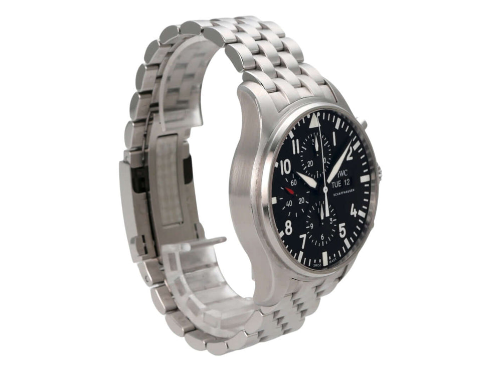 IWC Fliegeruhr Chronograph IW377710 mit schwarzem Zifferblatt und Edelstahlband, 43mm, wasserdicht bis 6 bar.
