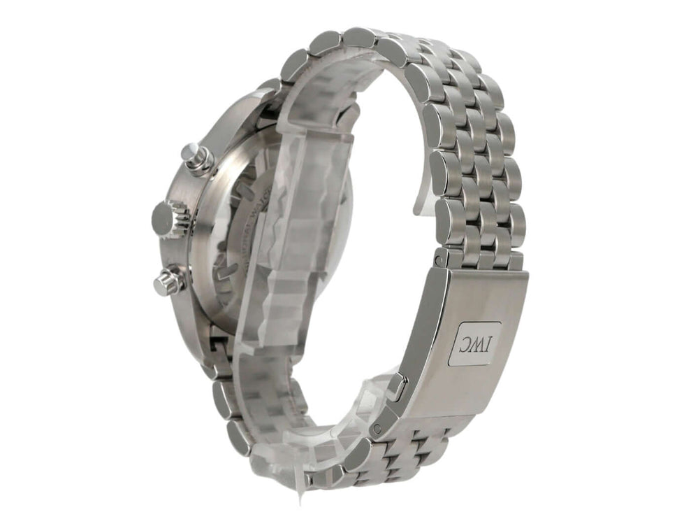 IWC Fliegeruhr Chronograph IW377710 mit Edelstahlband, polierter Gehäuse und Faltschließe.