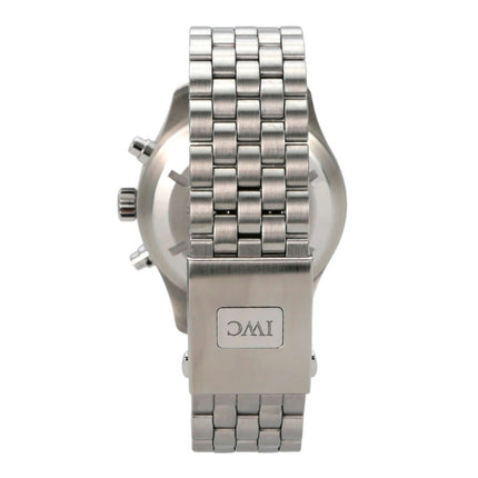 IWC Fliegeruhr Chronograph IW377710 mit Edelstahlband und Faltschließe, Rückansicht des Gehäuses.