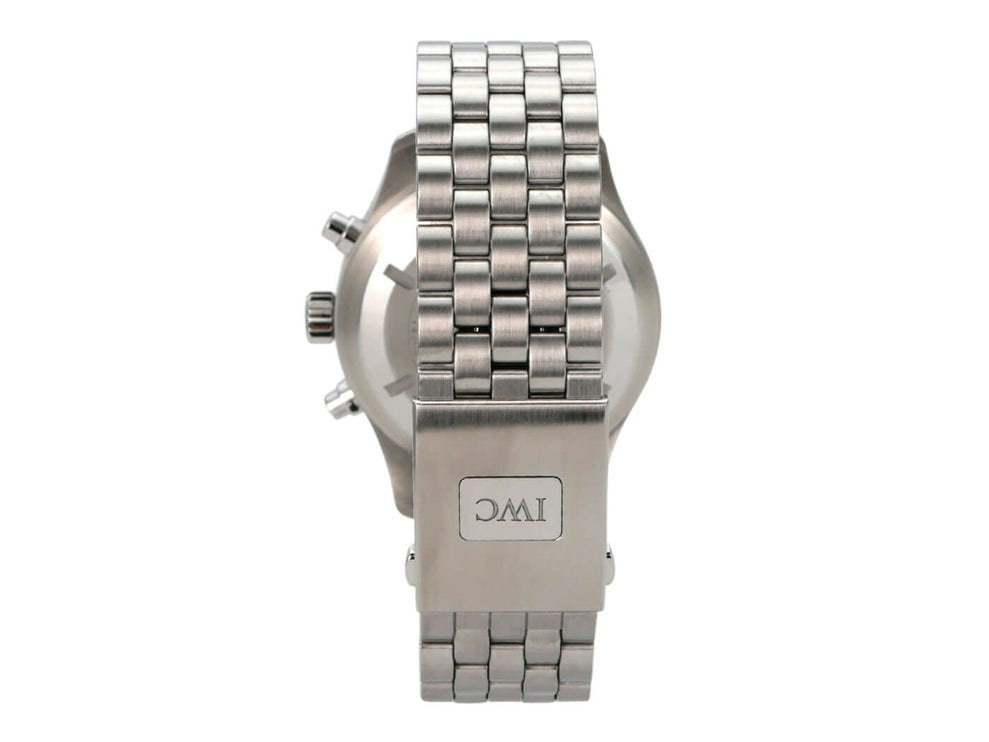 IWC Fliegeruhr Chronograph IW377710 mit Edelstahlband und Faltschließe, Rückansicht des Gehäuses.