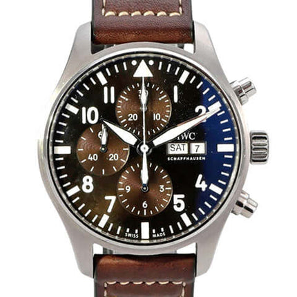 IWC Fliegeruhr Chronograph Edition Antoine de Saint Exupéry IW377713, braunes Lederband, braunes Zifferblatt, Edelstahl