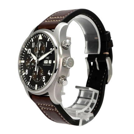 IWC Fliegeruhr Chronograph Edition Antoine de Saint Exupéry IW377713, braunes Lederband, schwarzes Zifferblatt