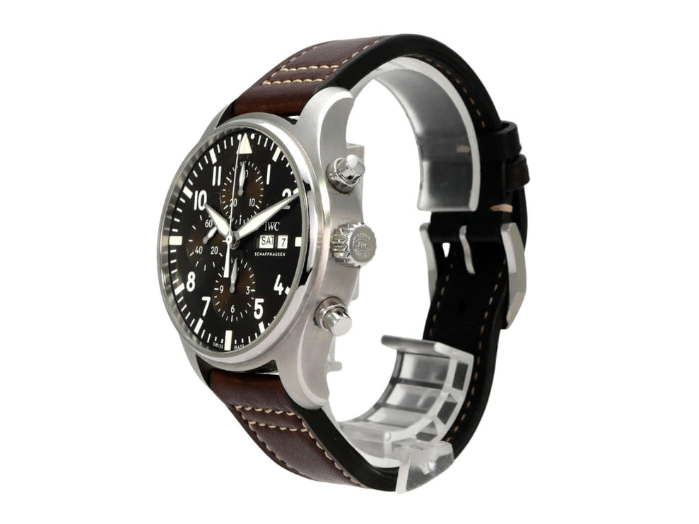 IWC Fliegeruhr Chronograph Edition Antoine de Saint Exupéry IW377713, braunes Lederband, schwarzes Zifferblatt