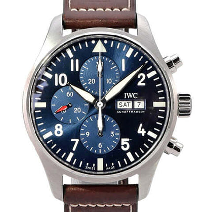 IWC Fliegeruhr Chronograph Edition Le Petit Prince IW377714 mit blauem Zifferblatt und braunem Lederband