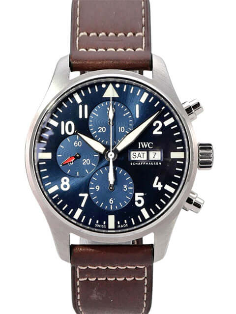 IWC Fliegeruhr Chronograph Edition Le Petit Prince IW377714 mit blauem Zifferblatt und braunem Lederband