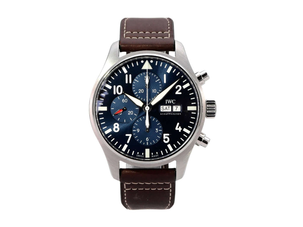 IWC Fliegeruhr Chronograph Edition Le Petit Prince IW377714 mit braunem Lederband und blauem Zifferblatt