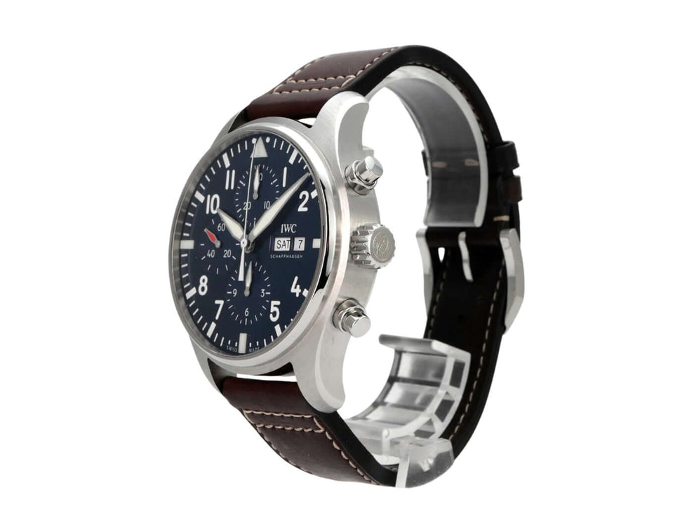 IWC Fliegeruhr Chronograph Edition Le Petit Prince IW377714, braunes Lederband, blaues Zifferblatt, Edelstahlgehäuse