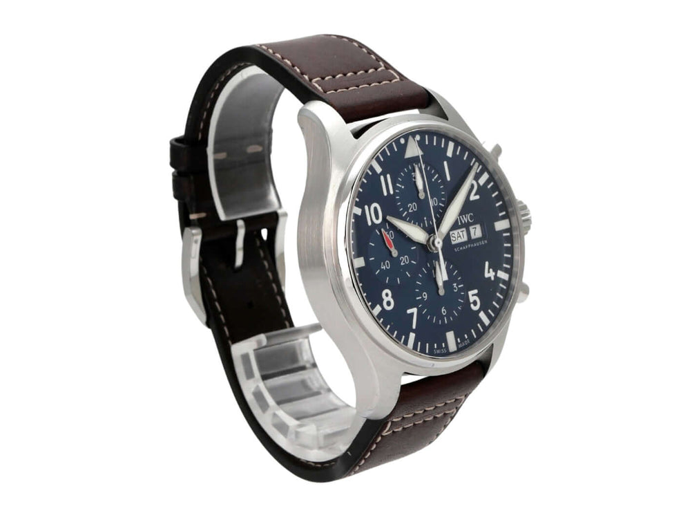 IWC Fliegeruhr Chronograph Edition Le Petit Prince IW377714 mit braunem Lederband und blauem Zifferblatt