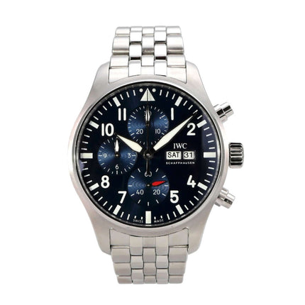 IWC Pilot's Watch Chronograph IW378004 mit blauem Zifferblatt und Edelstahlband.