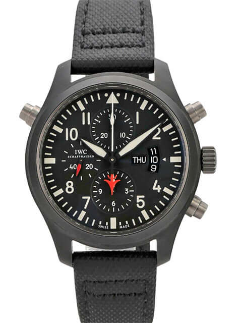 IWC Pilots Watch Double Chronograph Top Gun IW379901 mit schwarzem Zifferblatt und Keramik-Gehäuse.