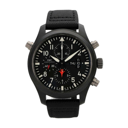 IWC Pilots Watch Double Chronograph Top Gun IW379901 mit schwarzem Zifferblatt und schwarzem Textilarmband