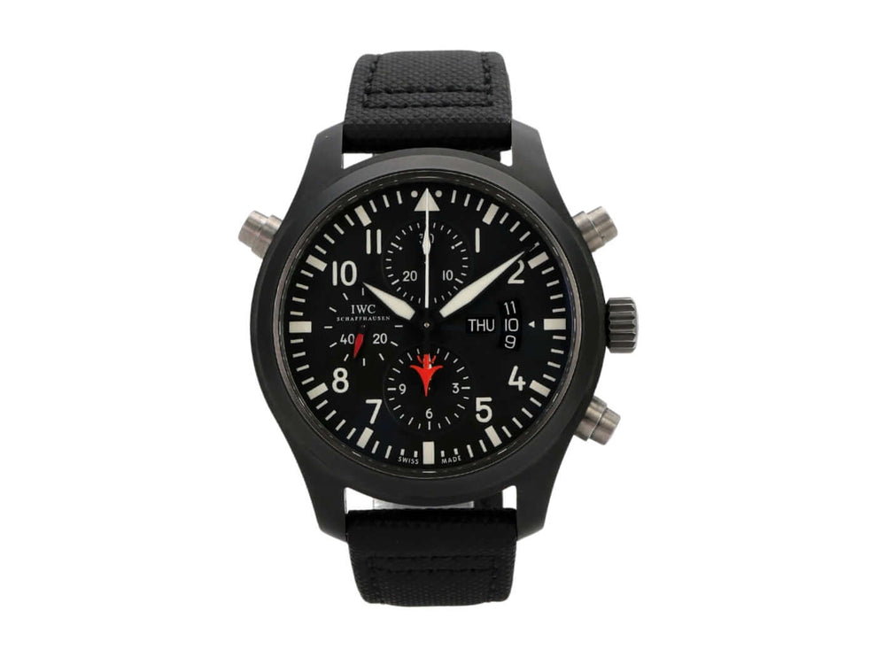 IWC Pilots Watch Double Chronograph Top Gun IW379901 mit schwarzem Zifferblatt und schwarzem Textilarmband