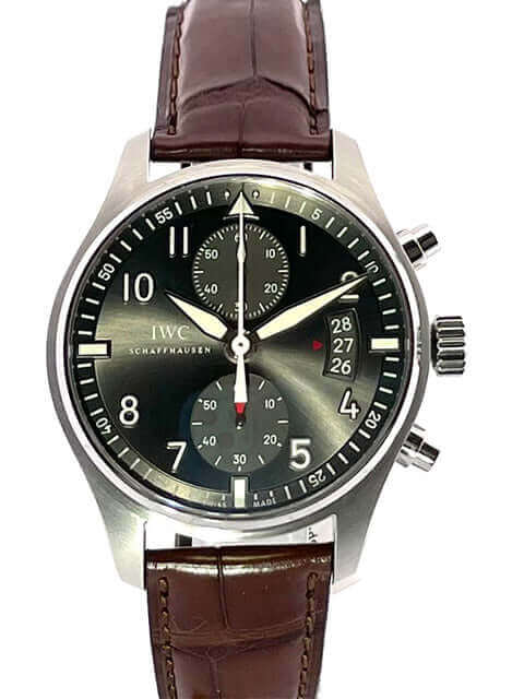 IWC Spitfire Chronograph IW387802 mit braunem Alligatorleder-Armband und grauem Zifferblatt, Edelstahlgehäuse, Automatik, Sonntagsschliff-Design