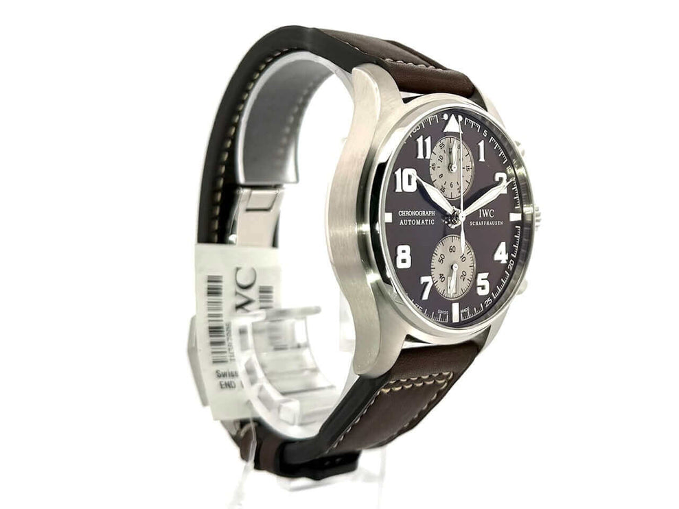 IWC Fliegeruhr Chronograph IW387806 Edition Antoine de Saint Exupery, Edelstahlgehäuse, braunes Lederarmband, braunes Zifferblatt, Automatikwerk.