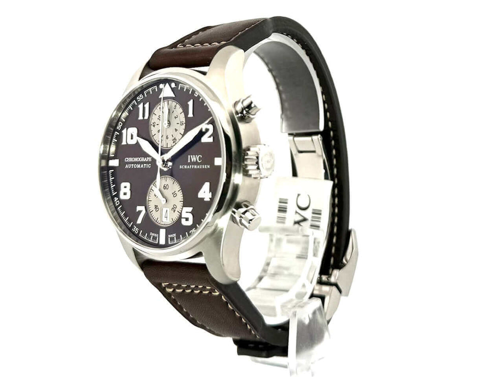 IWC Fliegeruhr Chronograph IW387806 Edition Antoine de Saint Exupery mit braunem Lederarmband und poliertem Edelstahlgehäuse