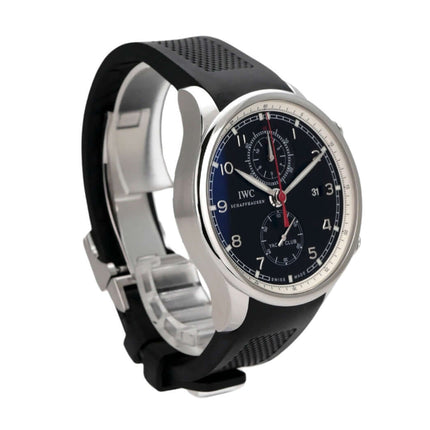 IWC Portugieser Yacht Club Chronograph IW390210 mit schwarzem Kautschukband und polierter Edelstahl-Lünette.