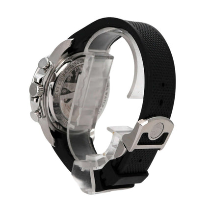 IWC Portugieser Yacht Club Chronograph IW390210, Edelstahlgehäuse, schwarzes Kautschukband, seitliche Ansicht der Uhr.