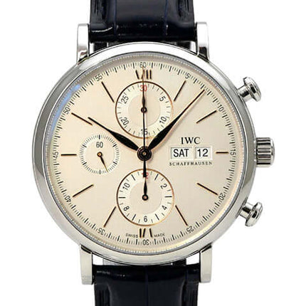 IWC Portofino Chronograph IW391031, silbernes Zifferblatt, schwarzes Lederarmband, Edelstahlgehäuse