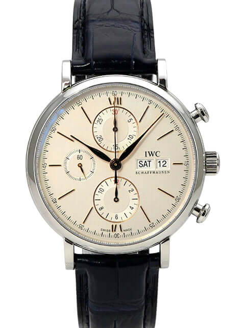 IWC Portofino Chronograph IW391031, silbernes Zifferblatt, schwarzes Lederarmband, Edelstahlgehäuse