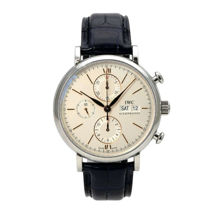 IWC Portofino Chronograph IW391031, Edelstahl, silbernes Zifferblatt, schwarzes Lederarmband, Automatik, Datum