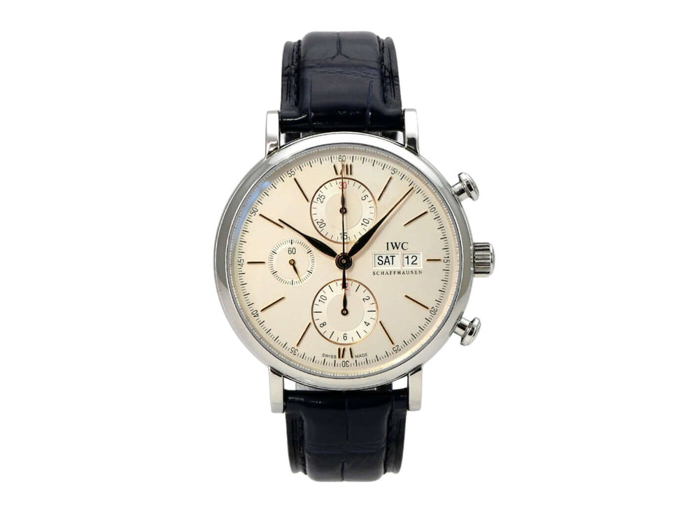 IWC Portofino Chronograph IW391031, Edelstahl, silbernes Zifferblatt, schwarzes Lederarmband, Automatik, Datum