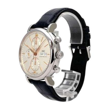 IWC Portofino Chronograph IW391031, Edelstahl, schwarzes Lederarmband, silbernes Zifferblatt, Chronograph