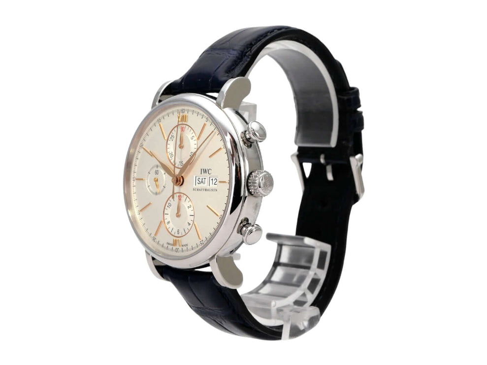IWC Portofino Chronograph IW391031, Edelstahl, schwarzes Lederarmband, silbernes Zifferblatt, Chronograph