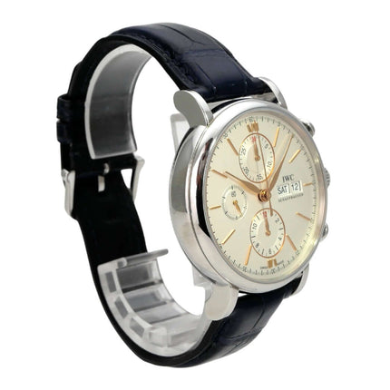 IWC Portofino Chronograph IW391031, Edelstahl, schwarzes Lederarmband, silbernes Zifferblatt, gebrauchter Chronograph