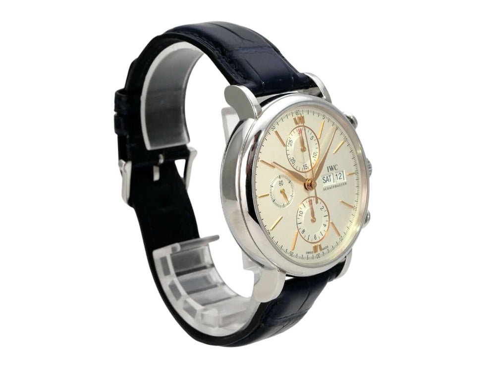 IWC Portofino Chronograph IW391031, Edelstahl, schwarzes Lederarmband, silbernes Zifferblatt, gebrauchter Chronograph