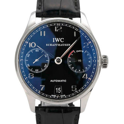 IWC Portugieser Automatic 7 Tage IW500109, Edelstahl, schwarzes Zifferblatt, schwarzes Lederband, automatische Uhr.