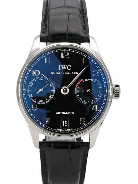 IWC Portugieser Automatic 7 Tage IW500109, Edelstahl, schwarzes Zifferblatt, schwarzes Lederband, automatische Uhr.