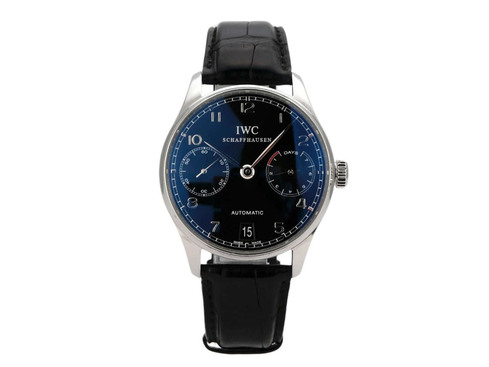 IWC Portugieser Automatic 7 Tage IW500109 mit schwarzem Lederband und blauem Zifferblatt, Gehäusedurchmesser 42,3 mm.