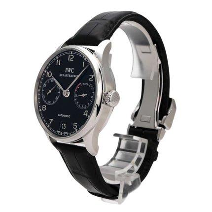 IWC Portugieser Automatic 7 Tage IW500109, Edelstahlgehäuse, schwarzes Zifferblatt, schwarzes Lederband, elegante Herrenuhr
