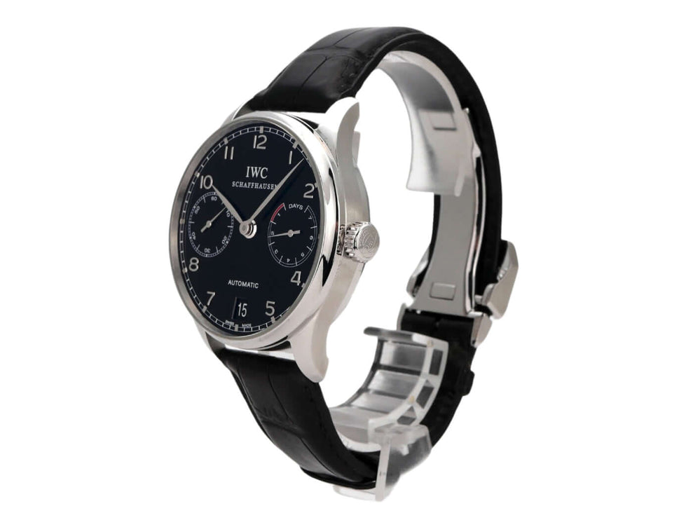 IWC Portugieser Automatic 7 Tage IW500109, Edelstahlgehäuse, schwarzes Zifferblatt, schwarzes Lederband, elegante Herrenuhr