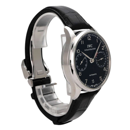 IWC Portugieser Automatic 7 Tage IW500109, Edelstahlgehäuse, schwarzes Lederband, schwarzes Zifferblatt, elegante Uhr.