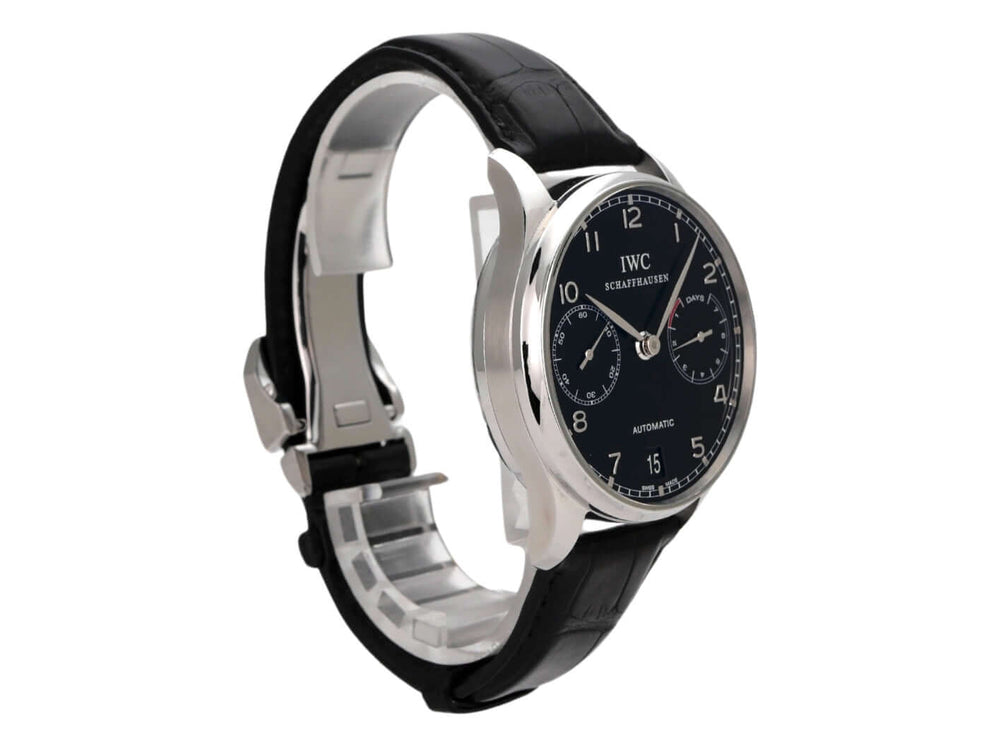 IWC Portugieser Automatic 7 Tage IW500109, Edelstahlgehäuse, schwarzes Lederband, schwarzes Zifferblatt, elegante Uhr.