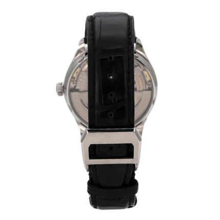 IWC Portugieser Automatic 7 Tage IW500109, Rückansicht mit schwarzem Lederband und Edelstahlgehäuse.