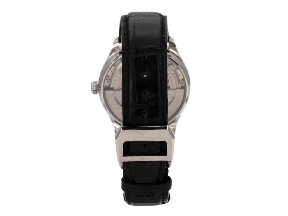 IWC Portugieser Automatic 7 Tage IW500109, Rückansicht mit schwarzem Lederband und Edelstahlgehäuse.