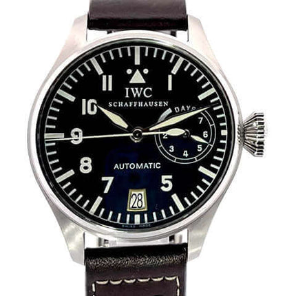 IWC Große Fliegeruhr IW500201 Automatikuhr mit poliertem und satiniertem Edelstahlgehäuse und schwarzem Zifferblatt, braunes Lederarmband