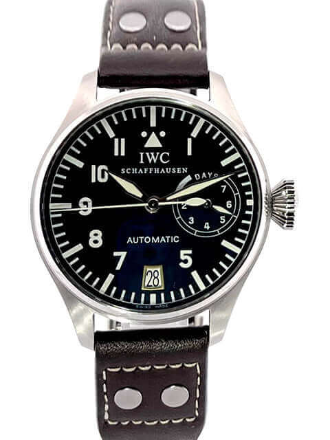 IWC Große Fliegeruhr IW500201 Automatikuhr mit poliertem und satiniertem Edelstahlgehäuse und schwarzem Zifferblatt, braunes Lederarmband